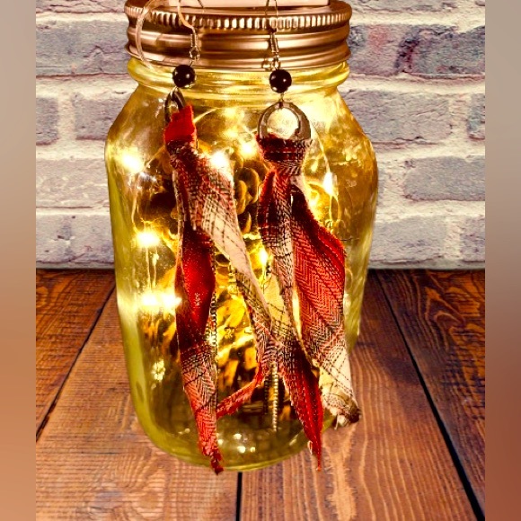 ⚫️Farmhouse Bling Plaid Fabric Rustic Boho Tassel Earring Shoulder Dusters OOAK - Picture 6 of 10